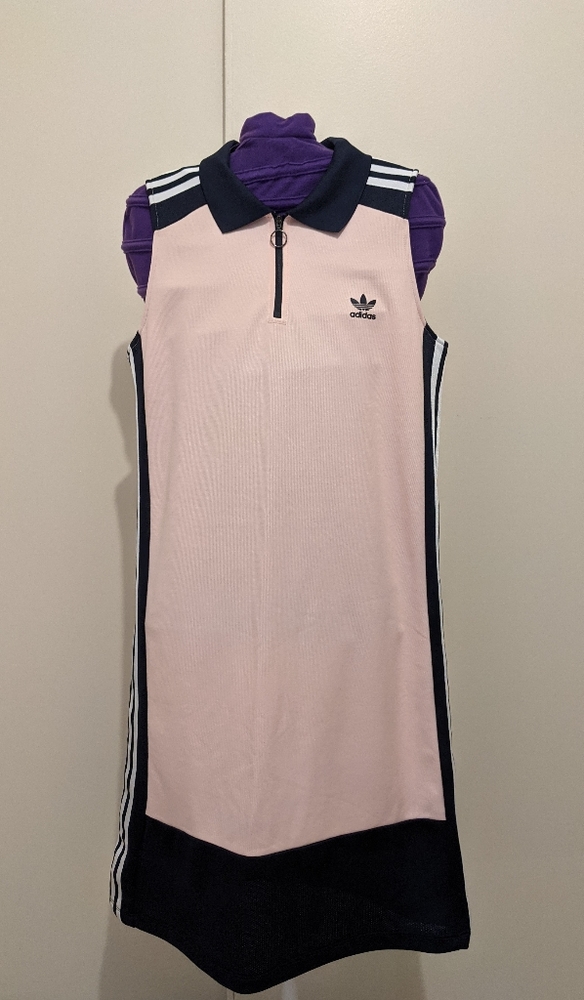 - Sleeveless Adidas Osaka dress pink w/dark blue trim and white stripes